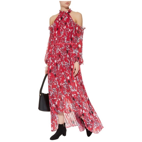 Self-Portrait Floral Chiffon Maxi Dress Red Cold Shoulder Pleated Hi-Low Size SM - Picture 5 of 16